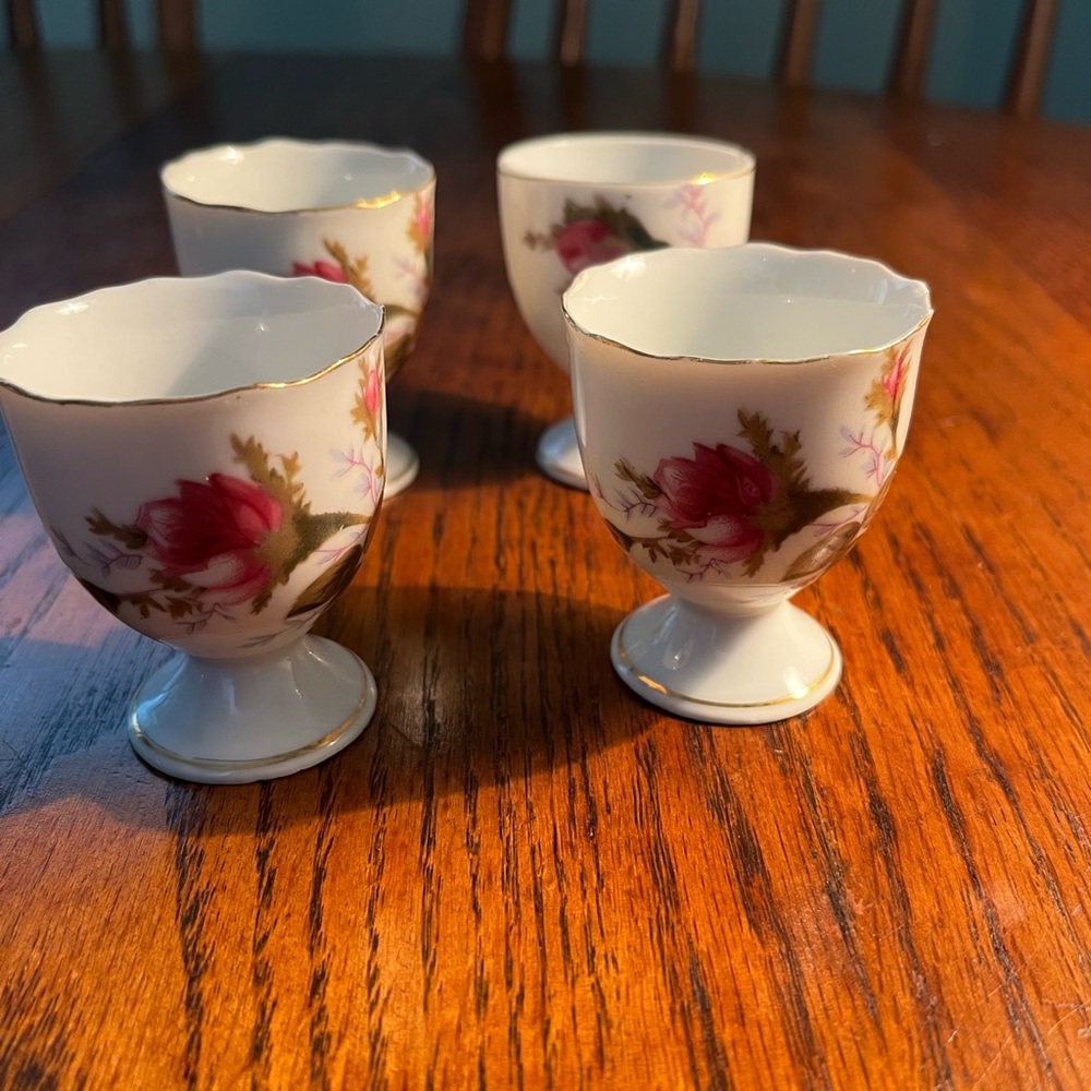 Antique Porcelain Moss Rose Soft Boiled Egg Holders with Gold Trim